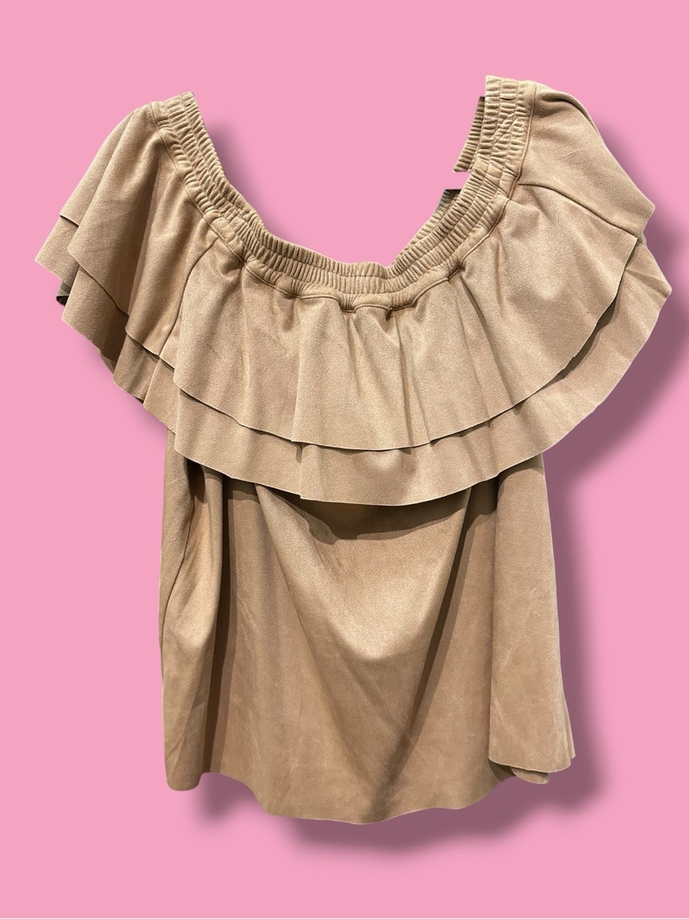 New York & Company Beige Off-Shoulder Ruffle Tunic